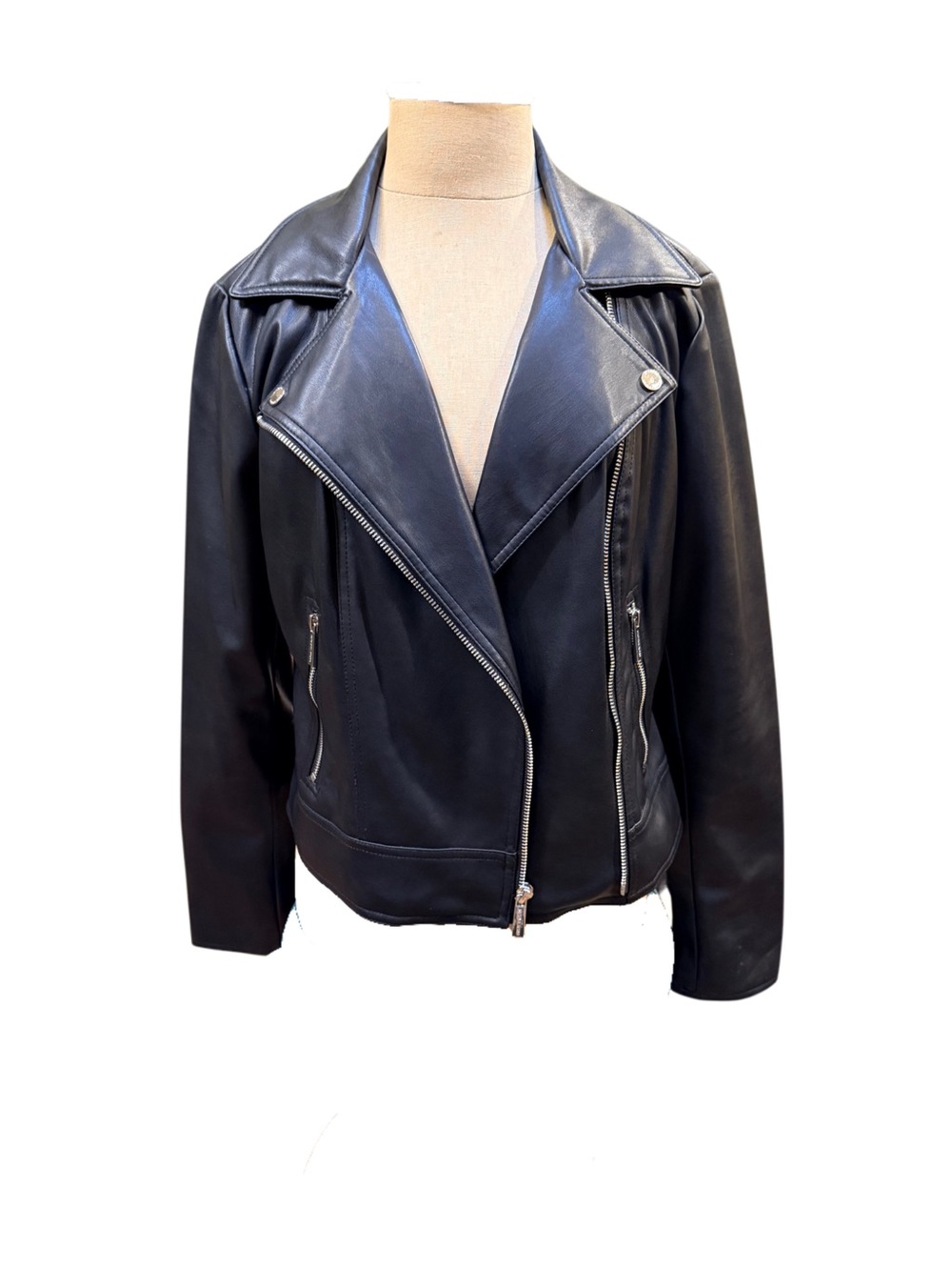 Michael Kors Black Leather Moto Jacket - Sleek Zip Front.